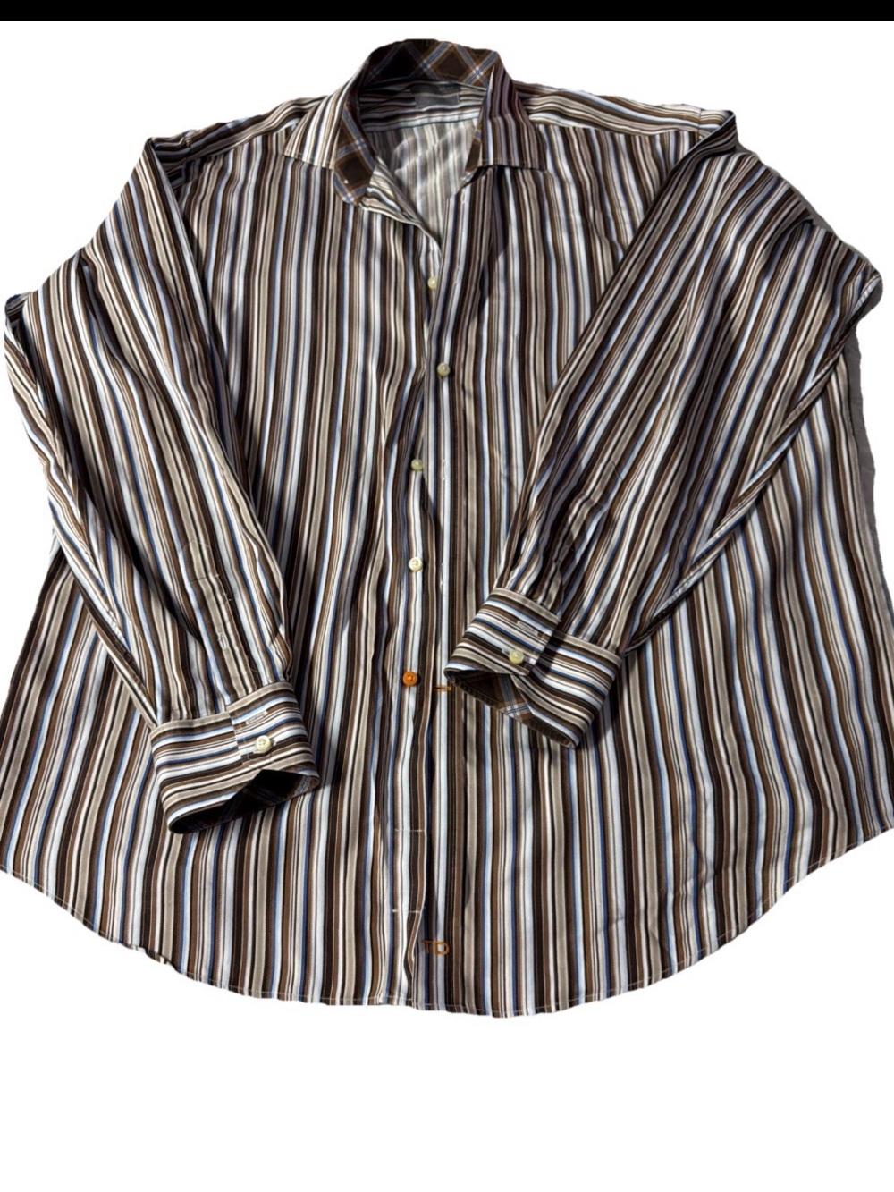Thomas Dean Men's Multi-Stripe Dress Shirt in Brown, Blue, Cream XL Orange butto